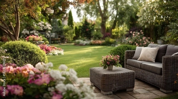 Fototapeta A beautiful day with vibrant blooms in the backyard garden. Wicker patio furniture outside. Well-kept plants and a lawn with green grass. Generative Ai