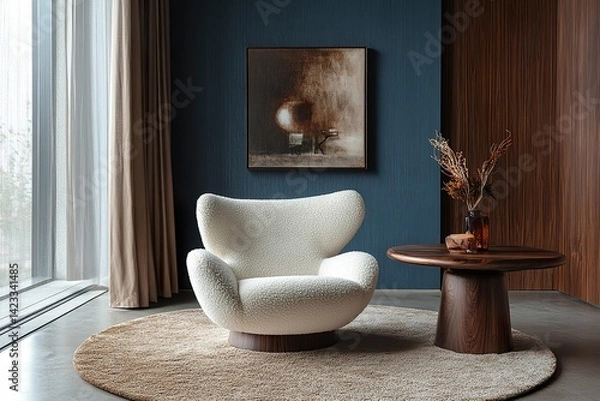 Obraz living room interior with fireplaceThe chair has armrests made from luxurious leather fabric, brass legs, and an octagonal wood side table, with warm tones, traditional elements, and soft lighting.