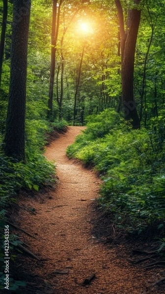 Obraz A winding hiking trail meanders through a vibrant green forest, where dappled sunlight breaks through the tree canopy, inviting adventurers to explore the serene path ahead.