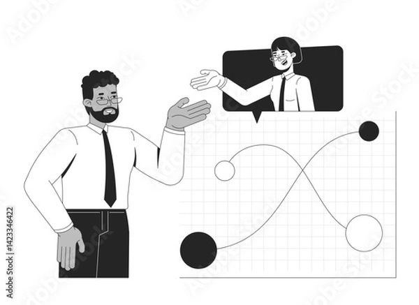 Obraz Data discussion and analysts collaboration line illustration concept. Diverse businesspeople analyzing performance chart nodes outline 2D characters isolated. Ink linear metaphor vector art