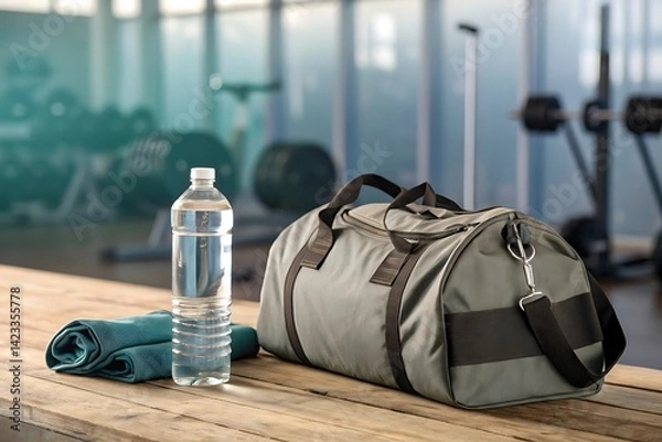 Fototapeta Gym Essentials Water Bottle Towel and Bag on a Table