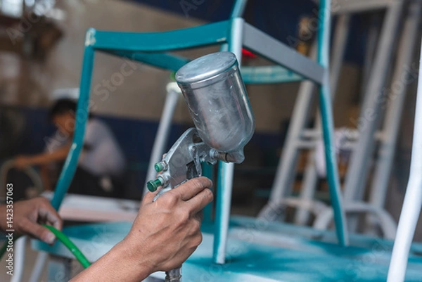 Fototapeta Worker using a spray gun to apply teal paint on a steel or iron chair frame during furniture finishing in a production workshop.