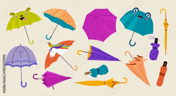Fototapeta Umbrellas. Fashioned items from rainy weather recent vector set of colorful umbrellas