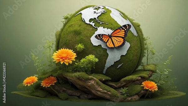 Fototapeta Miniature Earth Globe Covered in Moss with Monarch Butterfly, Nature Conservation Concept
