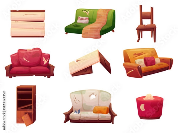 Obraz Damaged furniture. Old broken chair, wooden wardrobe and table, soft sofa and couch. Messy damage room interior elements, cartoon nowaday vector set