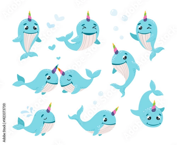 Obraz Cartoon whale unicorn. Funny unusual narwhal with multicolor horn in different poses. Cute whales, marine ocean creatures, children mascots classy vector set