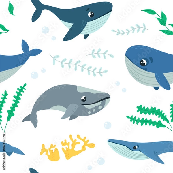 Obraz Cartoon whale seamless pattern. Ocean inhabitants, underwater whales and nature elements. Sea style print design, nautical classy vector background