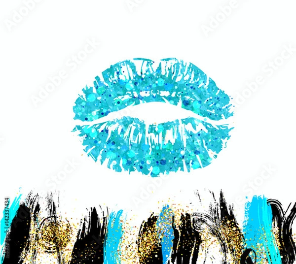 Obraz Grunge dirty brushes of mascara for eyes. Vector Kiss imprint with shimmer glitters and lights.
