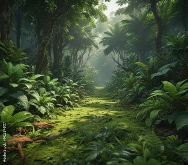 Fototapeta Lush green tropical undergrowth, vibrant leaves carpet the forest floor  ,  asset,  texture,  natural
