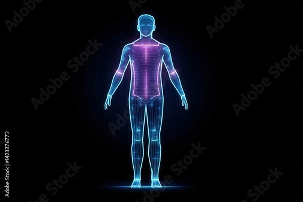 Fototapeta Body Scan Diagram A futuristic outline of a human body with glowing markers indicating health metrics like BMI, heart rate, and hydration levels.