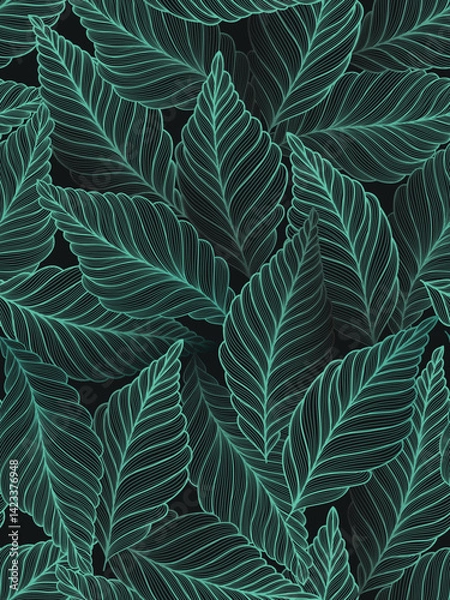 Fototapeta Seamless floral abstract background with  leaves drawn by thin lines. Black background with green leaves. Vector floral  pattern