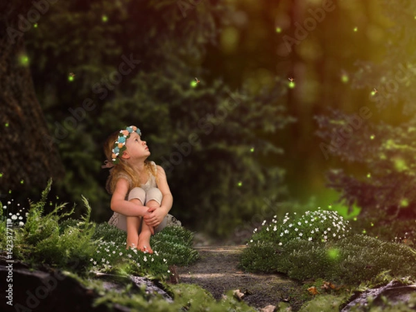 Fototapeta Magic fairy forest. A small child watching fireflies. A fairy tale for children