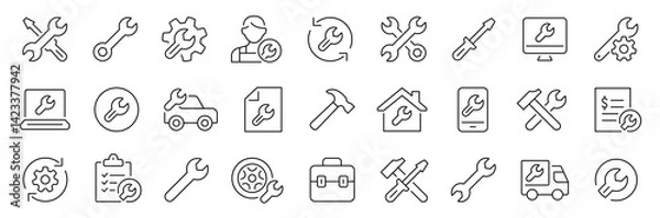 Obraz Repair and Service thin line icons set. Maintenance, Screwdriver, Wrench icon. Auto service. Editable stroke. Vector