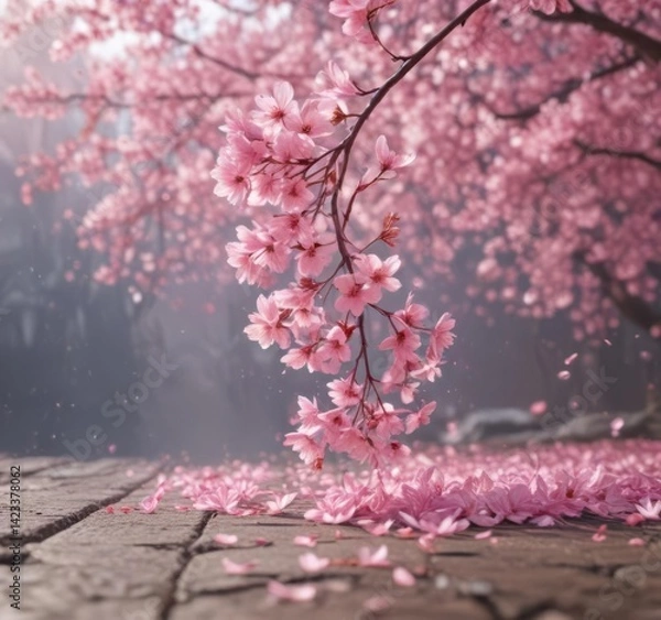 Fototapeta Mesmerizing pink sakura petal fall, soft focus background,  wallpaper,  subtle