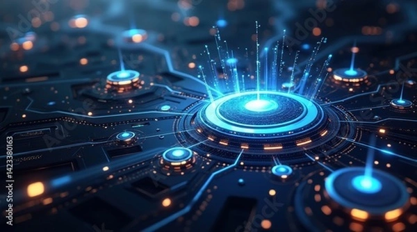 Fototapeta A futuristic digital network with glowing blue nodes and circuits, representing technology and connectivity.