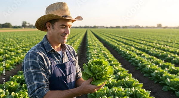 Fototapeta A farmer inspecting the quality of fresh produce in her field against a simple background of neat crop rows and clear sky, conveying care and agricultural quality.