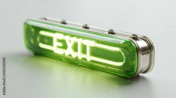 Obraz Green Exit Sign: A vibrant green illuminated exit sign, providing clear guidance and reassurance in any environment.  The sleek, modern design offers a sense of safety and direction.
