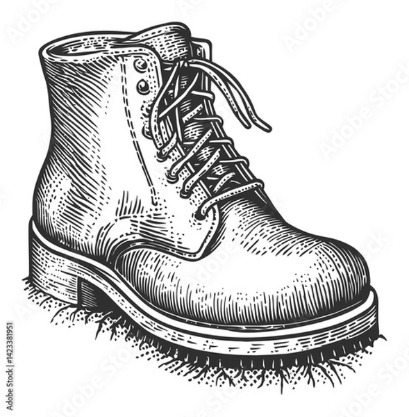 Fototapeta Detailed Black and White Linocut of Classic Work Boot Design