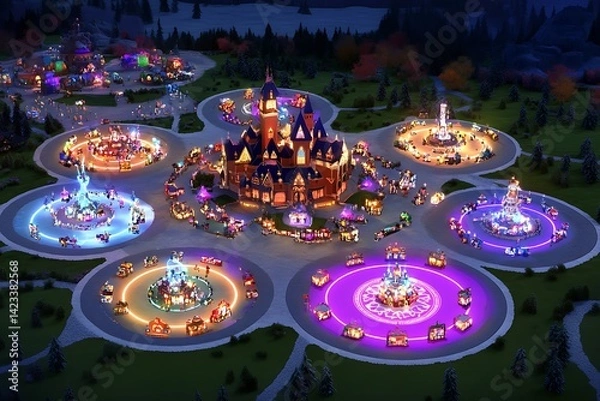 Fototapeta Illuminated amusement park layout at night.
