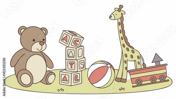 Fototapeta A collection of children's toys featuring a brown bear, a tall giraffe, and a block tower stacked with letters, alongside a colorful beach ball, creating a fun play area