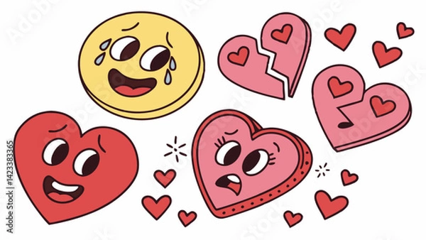 Obraz Colorful emojis showcase different feelings related to love, featuring happy, sad, and broken hearts. The playful illustration uses bright colors and fun expressions to convey emotions