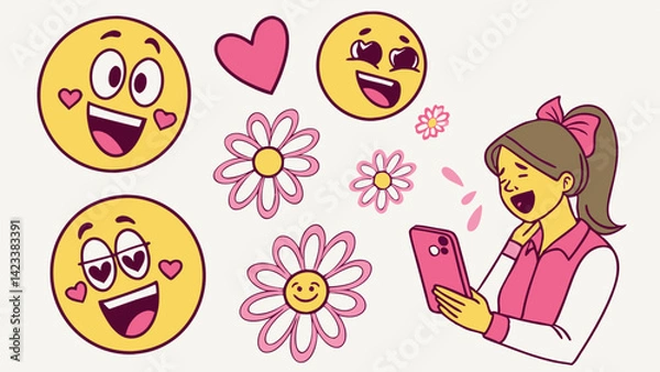 Obraz A young girl with a ponytail enjoys her smartphone, smiling as she interacts with colorful emojis and flowers. The environment is lighthearted and fun, perfect for expressing joy