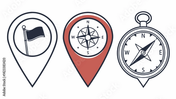Obraz This collection showcases map pin icons designed for indicating locations. Each icon highlights a unique feature: a flag for destinations, a compass for direction, and markings for navigation