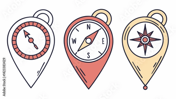 Obraz Colorful map pin location icons display different compass designs for effective navigation. Each pin represents geographical coordinates, making it useful for travel planning