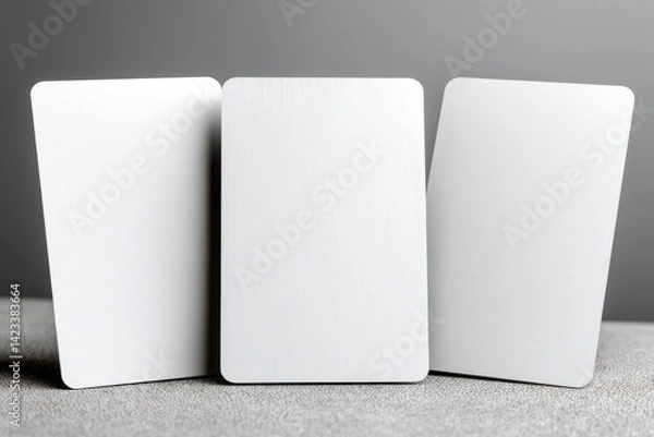 Fototapeta Three Blank Business Cards: Minimalist mockups featuring three blank business cards, arranged side by side on a gray background. Ideal for showcasing your design or branding concepts.