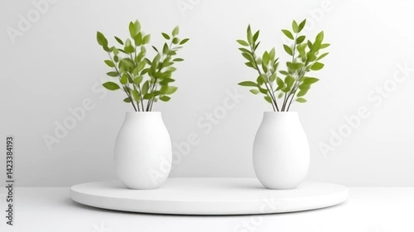 Fototapeta Two white ceramic vases with green leafy branches on a round white platform, minimalist interior decor, and clean and modern composition.