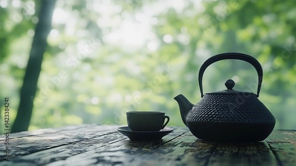 Obraz Black iron teapot and tea cup on wooden table with green trees and soft natural background, representing traditional tea culture, product photography, peaceful outdoor setting, and high-definition