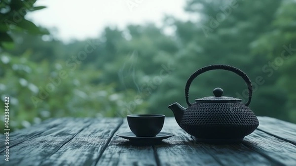 Obraz Black iron teapot and tea cup on wooden table with green trees and soft natural background, representing traditional tea culture, product photography, peaceful outdoor setting, and high-definition