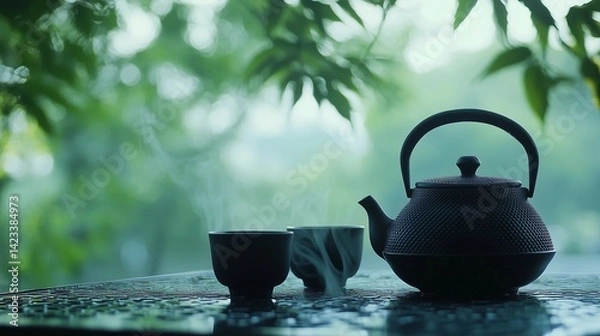 Obraz Black iron teapot and tea cup on wooden table with green trees and soft natural background, representing traditional tea culture, product photography, peaceful outdoor setting, and high-definition