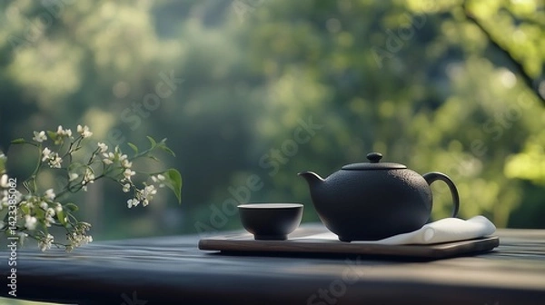 Obraz Black iron teapot and tea cup on wooden table with green trees and soft natural background, representing traditional tea culture, product photography, peaceful outdoor setting, and high-definition