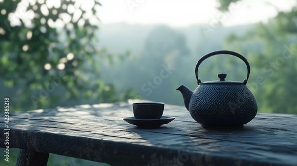 Obraz Black iron teapot and tea cup on wooden table with green trees and soft natural background, representing traditional tea culture, product photography, peaceful outdoor setting, and high-definition