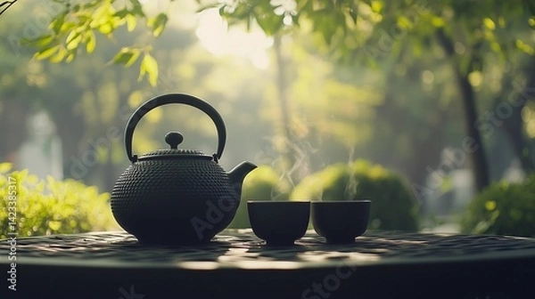 Obraz Black iron teapot and tea cup on wooden table with green trees and soft natural background, representing traditional tea culture, product photography, peaceful outdoor setting, and high-definition