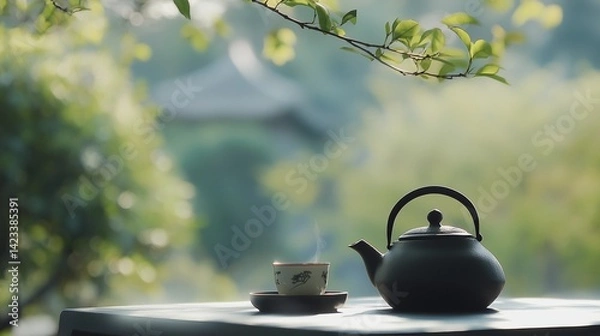 Obraz Black iron teapot and tea cup on wooden table with green trees and soft natural background, representing traditional tea culture, product photography, peaceful outdoor setting, and high-definition