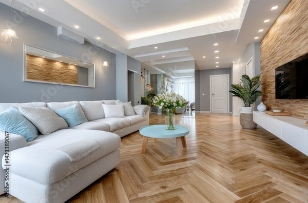 Fototapeta A modern, open-concept living room with large windows, concrete floors, and white walls with a wood ceiling.