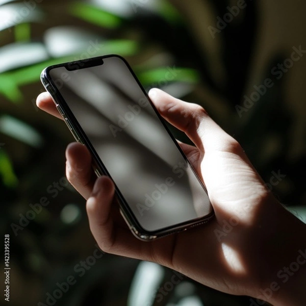 Fototapeta A person is holding a cell phone with a white screen