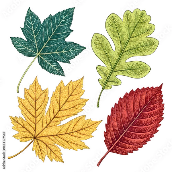 Fototapeta A vibrant set of autumn maple leaves displays a rich color palette of yellow, orange, and green foliage, embodying the beauty of the fall season in nature.