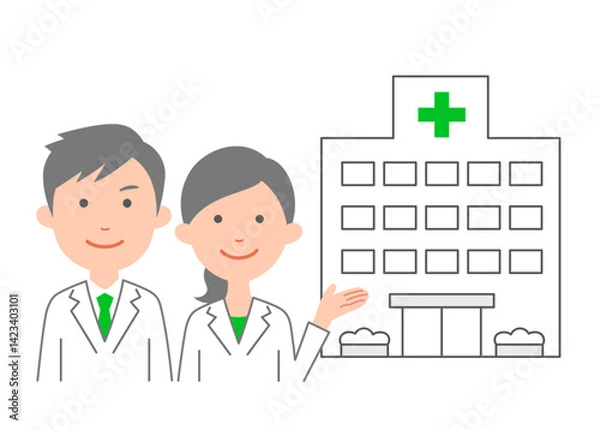 Obraz 病院の施設を案内する、男女の医療従事者