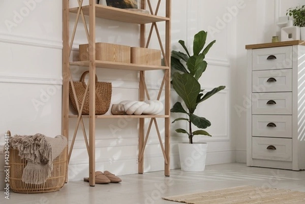 Fototapeta Stylish shelving unit with decor in room