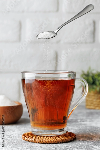 Fototapeta White sugar falling from teaspoon into glass cup of hot tea placed on wicker coaster against brick wall as background