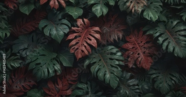 Obraz Lush, dark green & crimson tropical leaves, intricate pattern , background, exotic plants, exotic