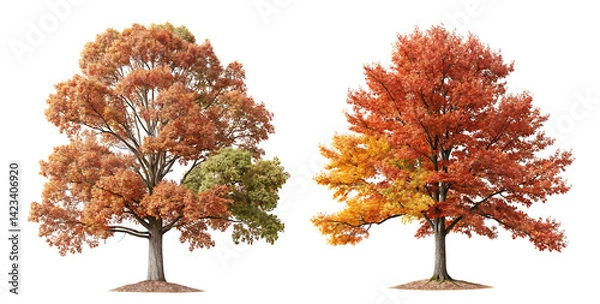 Fototapeta Autumn Quercus palustris (also called pin oak, swamp oak, or Spanish oak) trees isolated png on a transparent background perfectly cutout, AI generative