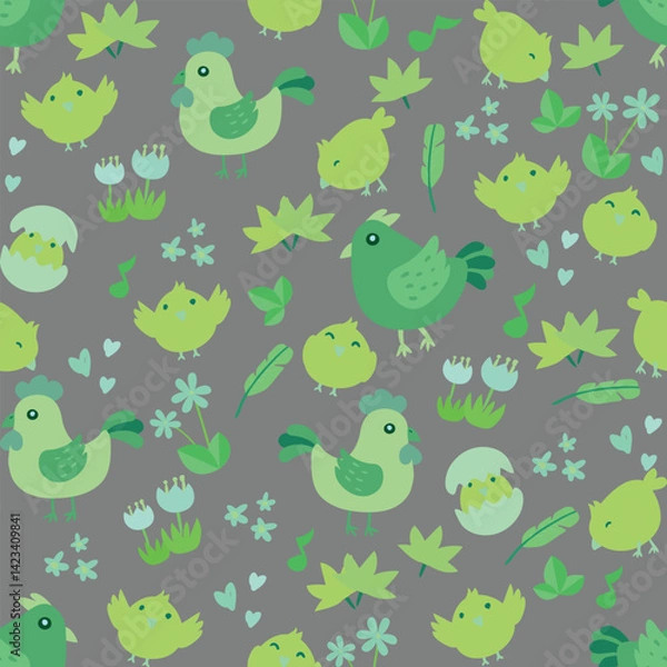 Fototapeta Seamless vector pattern featuring hand-drawn chickens in a playful, rustic style. Perfect for farm-themed designs, packaging, textiles, and backgrounds.