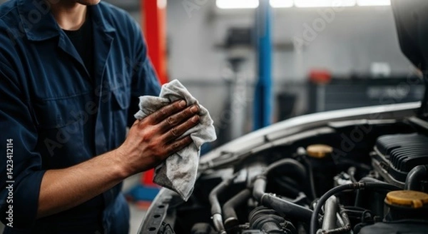 Fototapeta Male mechanic cleaning hands with rag near car engine in auto repair shop