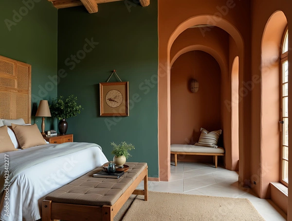Fototapeta Guest bedroom in biophilic style: rattan headboard, green walls, Entryway in earthy style: arched niches, plaster in burnt ochre, teak wood bench, rug in natural tones. Matte walls, soft built-in ligh