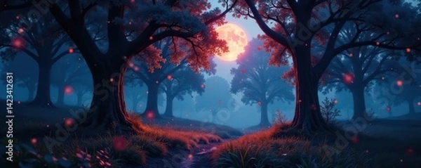 Obraz Glimmering nocturnal woodland, ethereal glow, ancient trees, dark art, fantasy
