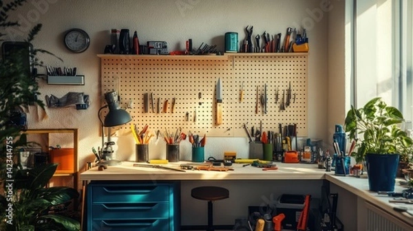 Fototapeta Wall-mounted pegboard displaying small tools next to labeled drawers